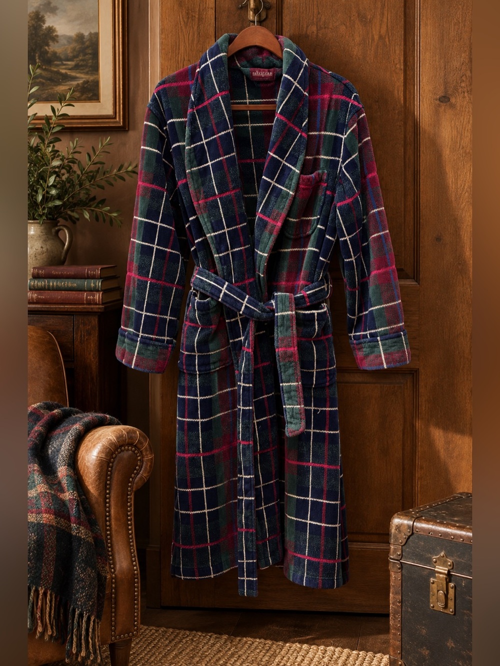 Vintage Nordstrom Men's S/M Plaid Terry Cloth Cotton Robe Tartan Cabin Grandpa